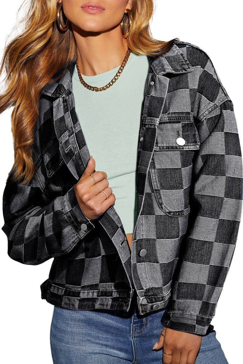 Black Checkered Patchwork Button Up Denim Jacket