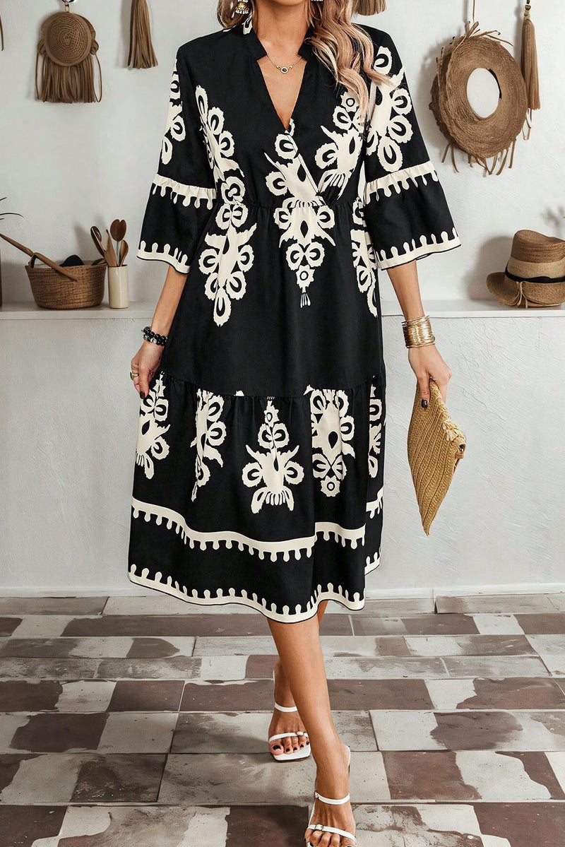 Black Ethnic Print 3/4 Sleeve Loose Midi Dress