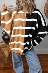 Pink Striped Colorblock Drop Shoulder Sweater