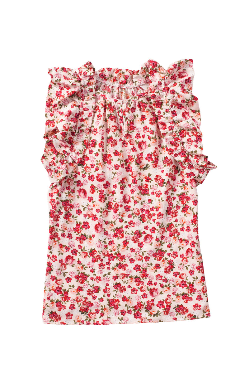 Red Boho Floral Print Ruffled Mock Neck Sleeveless Shirt