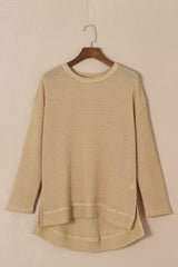 Green Waffle Knit Drop Sleeve High Slits Oversized Top