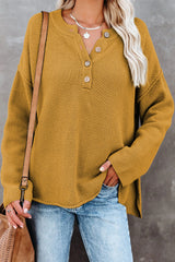 Yellow Drop Shoulder Henley Pullover Sweater With Slits