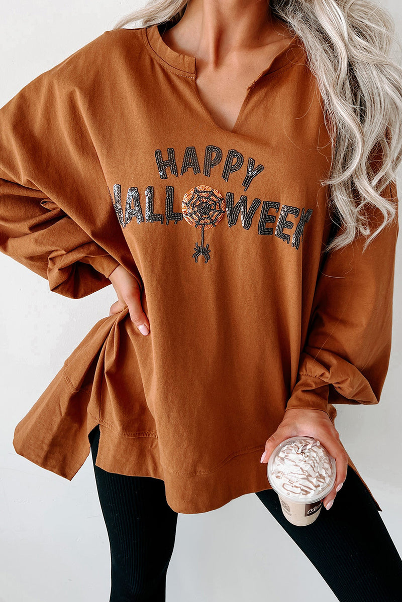 Chestnut Sequin Happy Halloween Graphic Notched Neck Loose Top