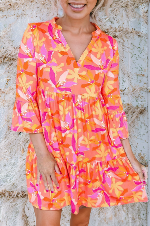 Orange Abstract Print V Neck Ruffle Bell Sleeve Mini Tiered Dress