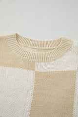 Flaxen Plaid Knitted Drop Shoulder Sweater