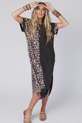 Rose Leopard Patchwork Pocket Casual T-Shirt Dress With Slits