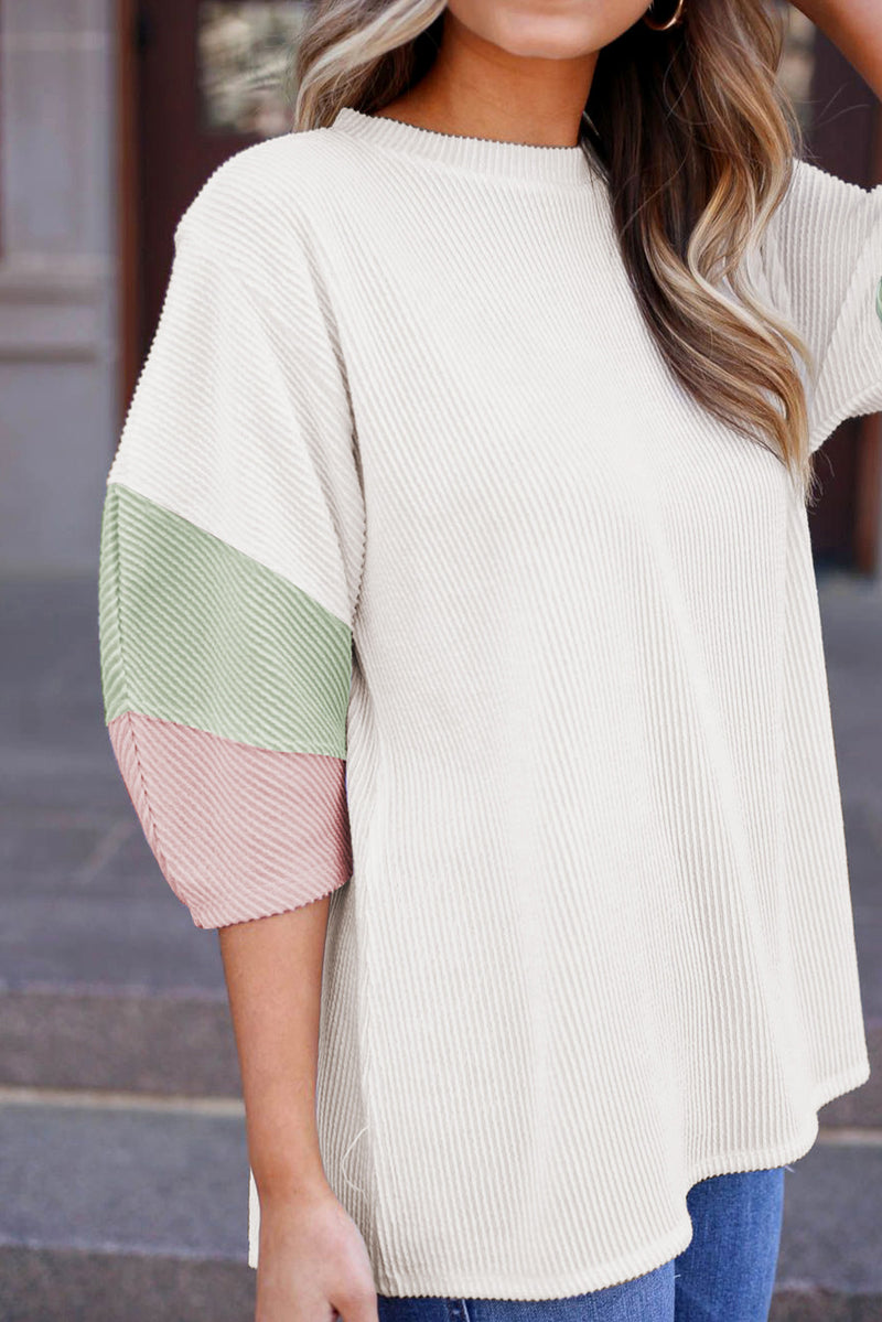 White Ribbed Colorblock Drop Sleeve Top