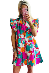 Multicolour Floral Tie Split Neck Flutter Sleeve Mini Dress