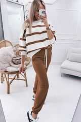 Brown Striped Drop Shoulder Pullover and Joggers Set