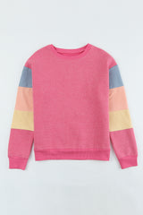 Rosy Color Block Casual Drop Sleeve Sweatshirt