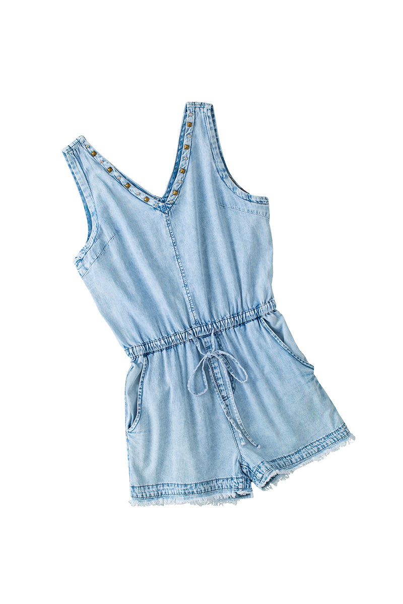 Beau Blue Stud V Neck Sleeveless Raw Hem Denim Romper