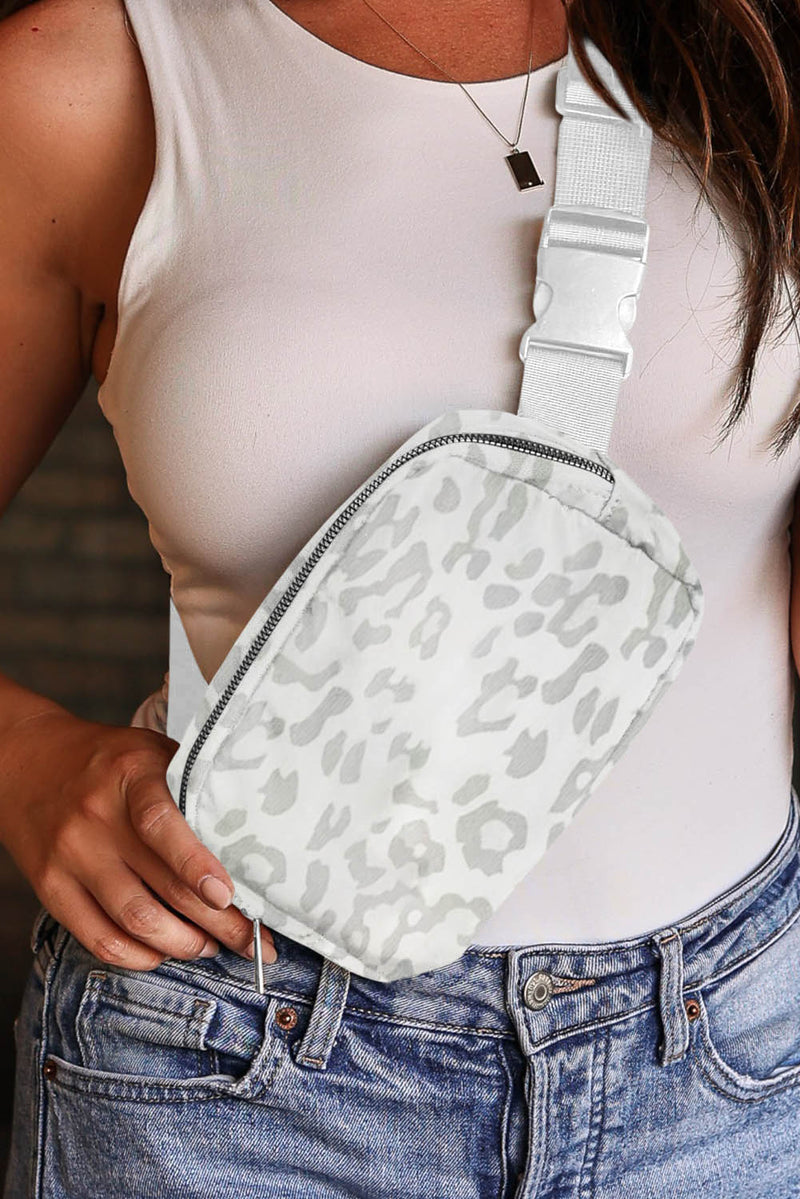 White 20*5*14cm Leopard Print Buckle Canvas Waist Pack Belt Bag