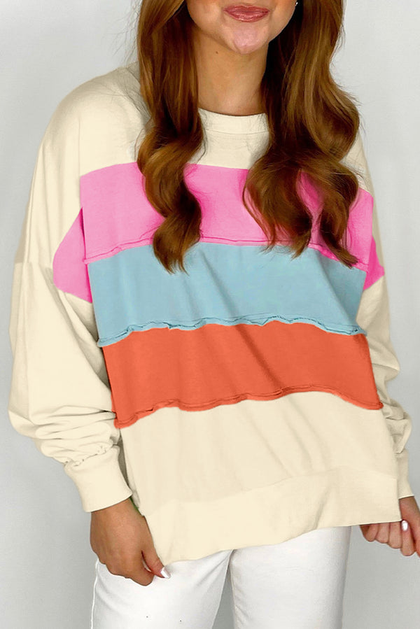 White Colorblock Patchwork Drop Sleeve Sweatshirt