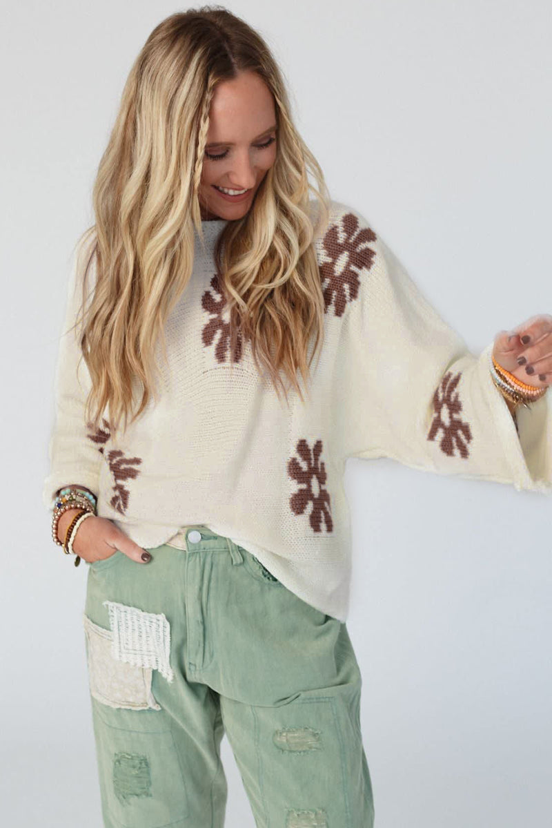 White Colorblock Floral Pattern Crewneck Sweater