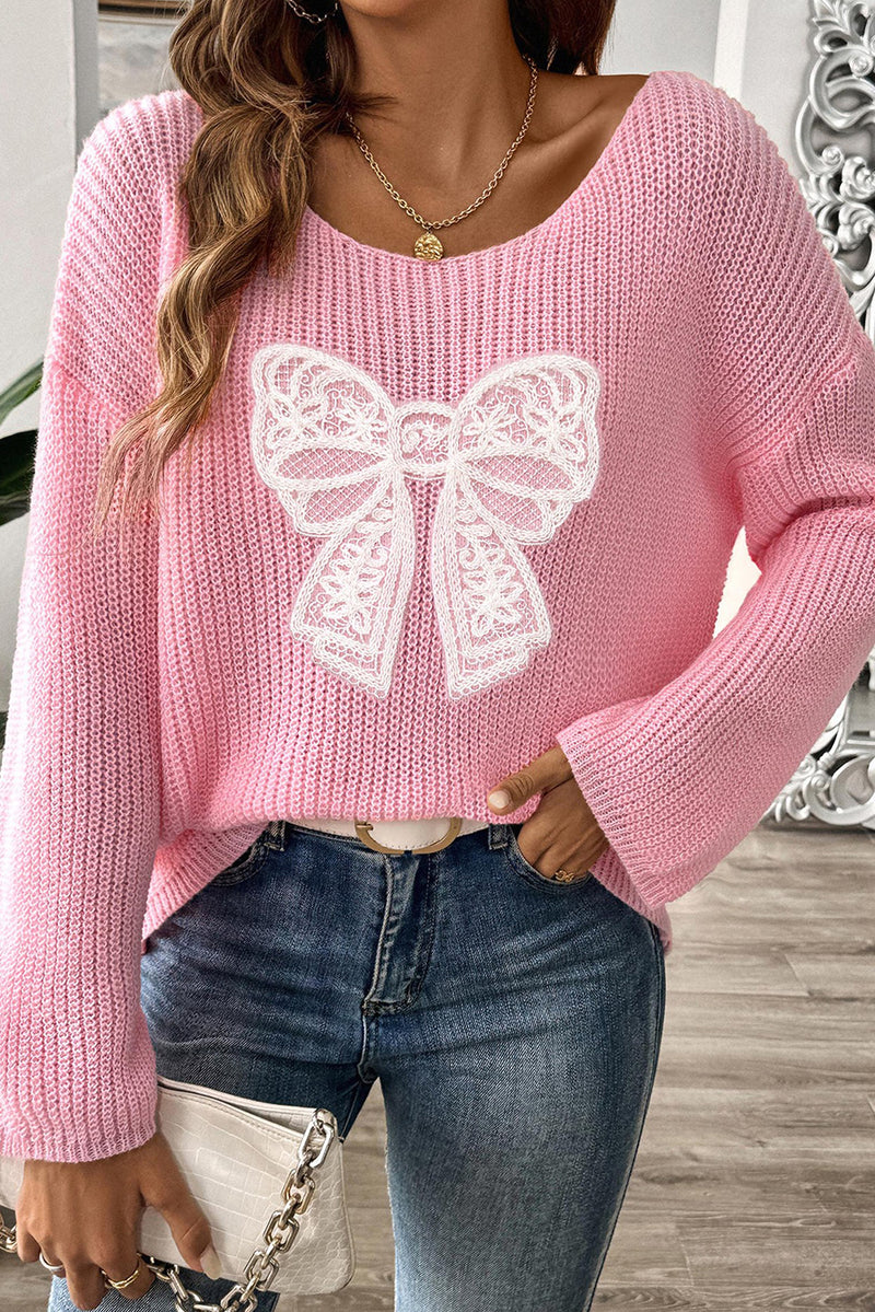 Pink Sweet Lace Bow Round Neck Knit Sweater