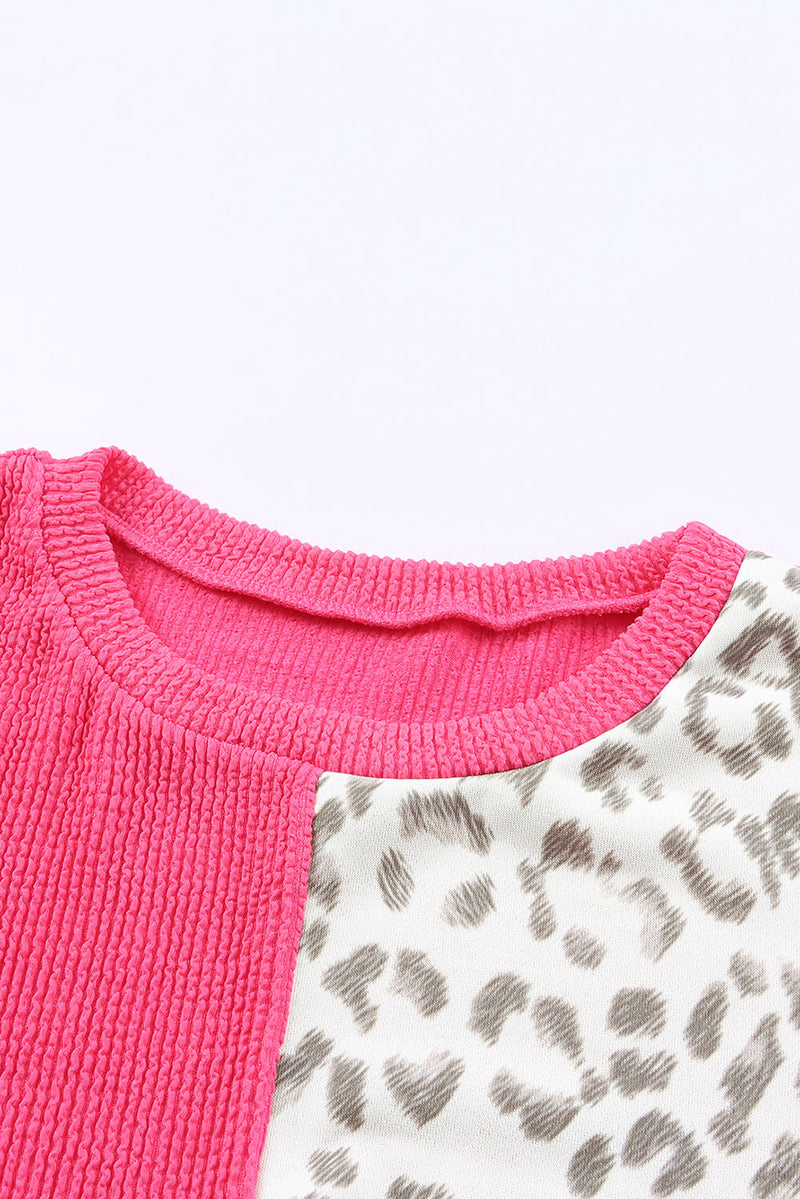 Rosy Leopard Patchwork Color Block Ribbed Long Sleeve Top