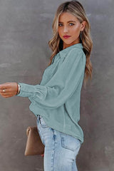 Light Blue Solid Color Button Up Puff Sleeve Casual Pleated Shirt