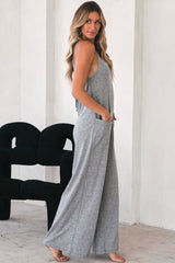 Gray Loose Fit Side Pockets Spaghetti Strap Wide Leg Jumpsuit