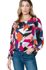 Multicolor Casual Abstract Print Puff Sleeve Blouse