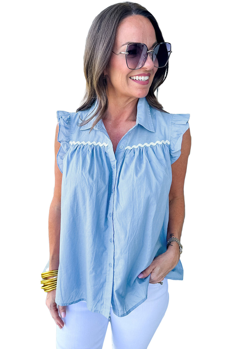 Sky Blue Ric Rac Trim Collared Pleated Ruffle Top