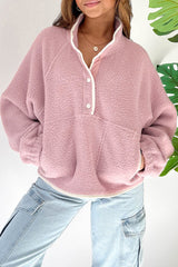 Fushia High Collar Long Sleeve Pocket Pullover Sweatshirt