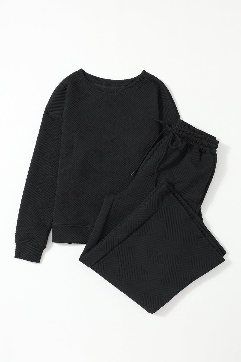 Dark Khaki Textured Loose Slouchy Long Sleeve Top and Pants Set