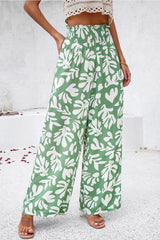 Green Boho Floral Print Frill Elastic Waist Pants