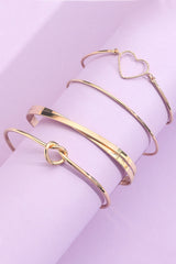 Gold Heart Geometric Knot Open Cuff Bracelet 4-piece Set