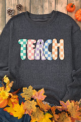 Gray Checkerboard TEACH Graphic Corded Crew Neck Sweatshirt