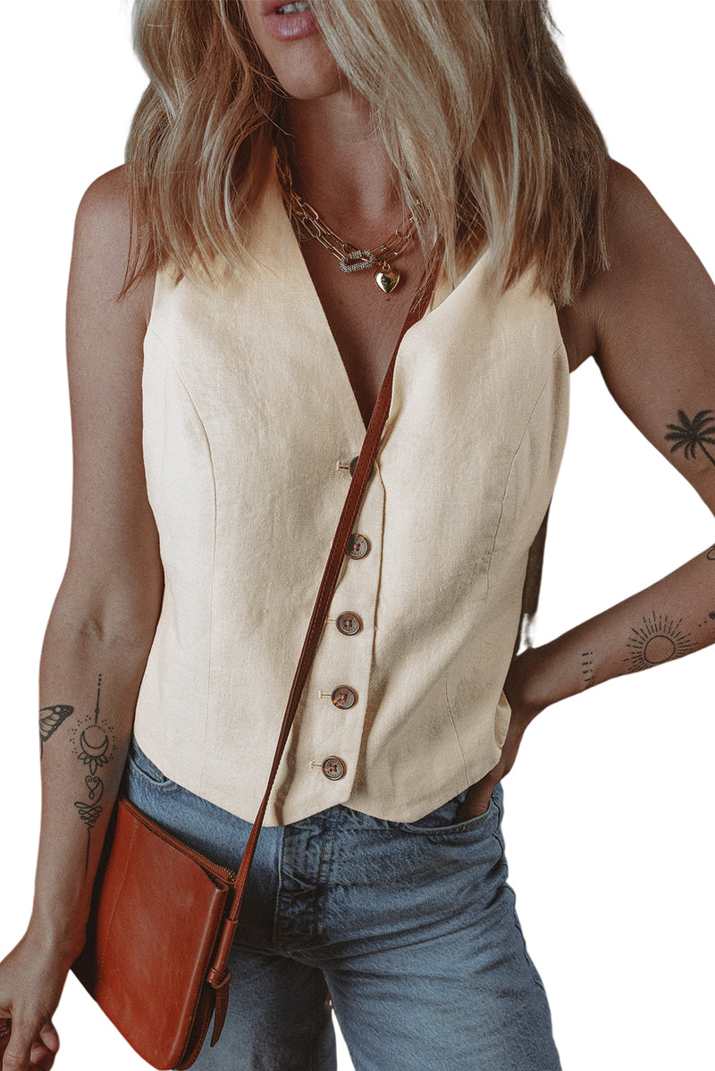 White Slim Fit Buttoned V Neck Vest