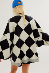 White Stripe Colorblock Drop Shoulder Buttoned Loose Cardigan