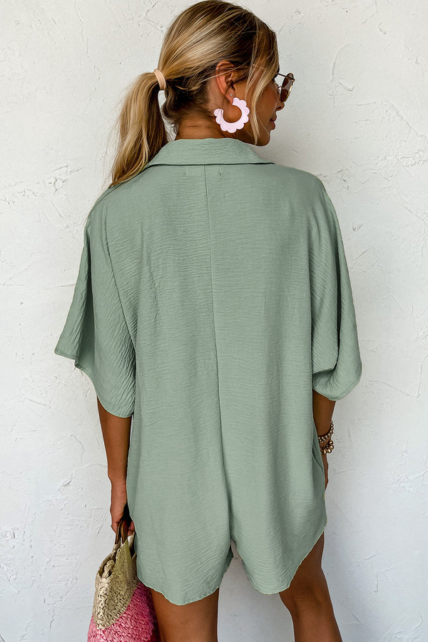 Spinach Green Plain Half Button Collared Pocket Loose Romper