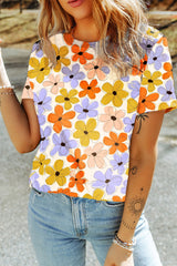 Orange 60s Vintage Flower Print Round Neck T Shirt