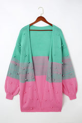 Rose Pompom Color Block Knit Open Front Cardigan