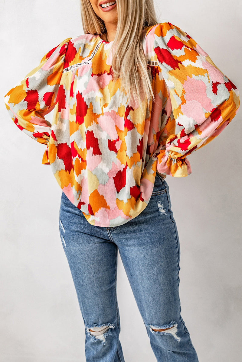 Multicolor Abstract Print Boho Ruffle Puff Sleeve Blouse