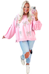 Light Pink Sweet Bow Lantern Sleeve Oversized Pullover Sweatshirt