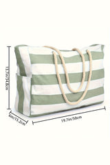 Grass Green Striped Rope Handle Canvas Large Tote Bag