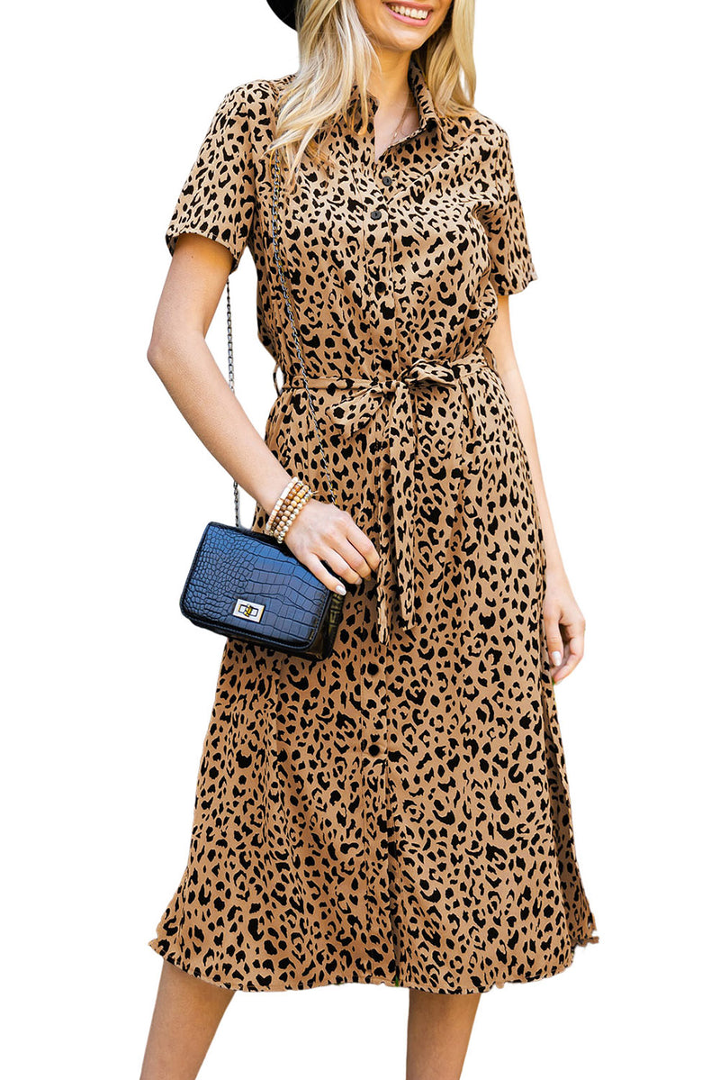 Khaki Leopard Print Waist Belted Button Up Shirt Dress