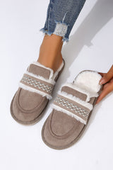 Gray Suede Wavy Striped Plush Lined Home Slippers