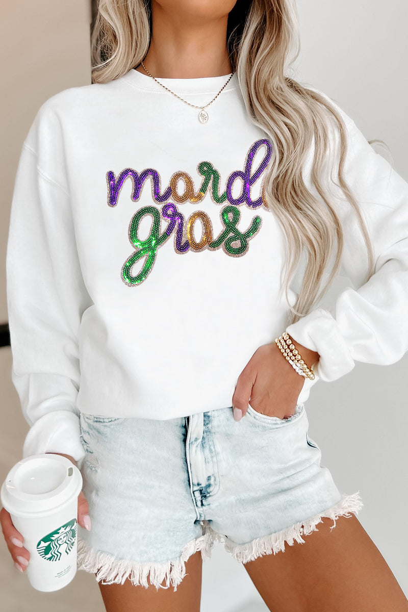 White Sequin mardi gras Graphic Crewneck Pullover Sweatshirt