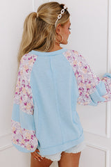 Beau Blue Ribbed Floral Patchwork Balloon Sleeve Top