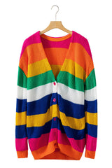 Multicolor Striped Print Button Front Knitted Long Cardigan