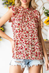 Red Boho Floral Print Ruffled Mock Neck Sleeveless Shirt