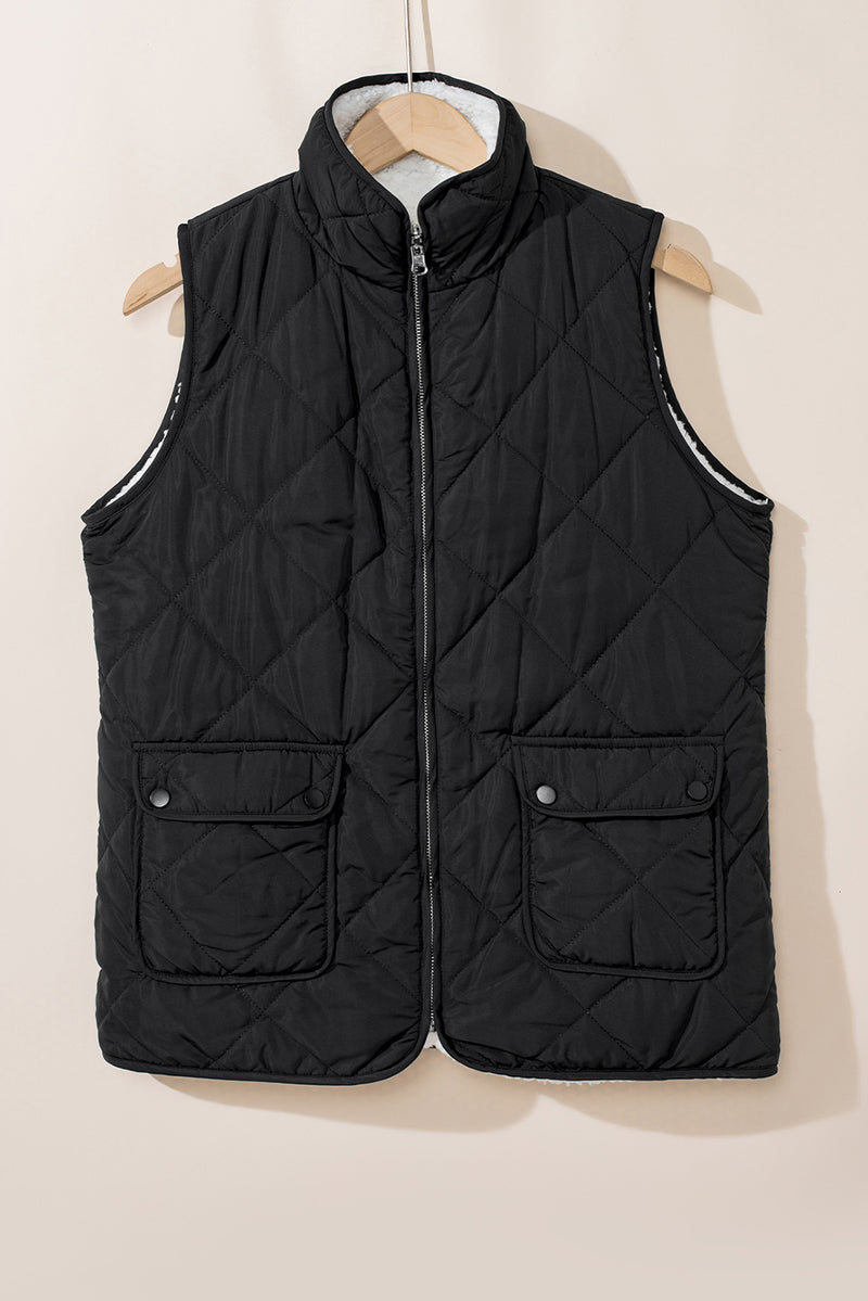 Black Zip Up Fleece Lined Quilted Vest Coat