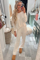 Beige Checkered Print Long Sleeve Loose Fit Pajama Set