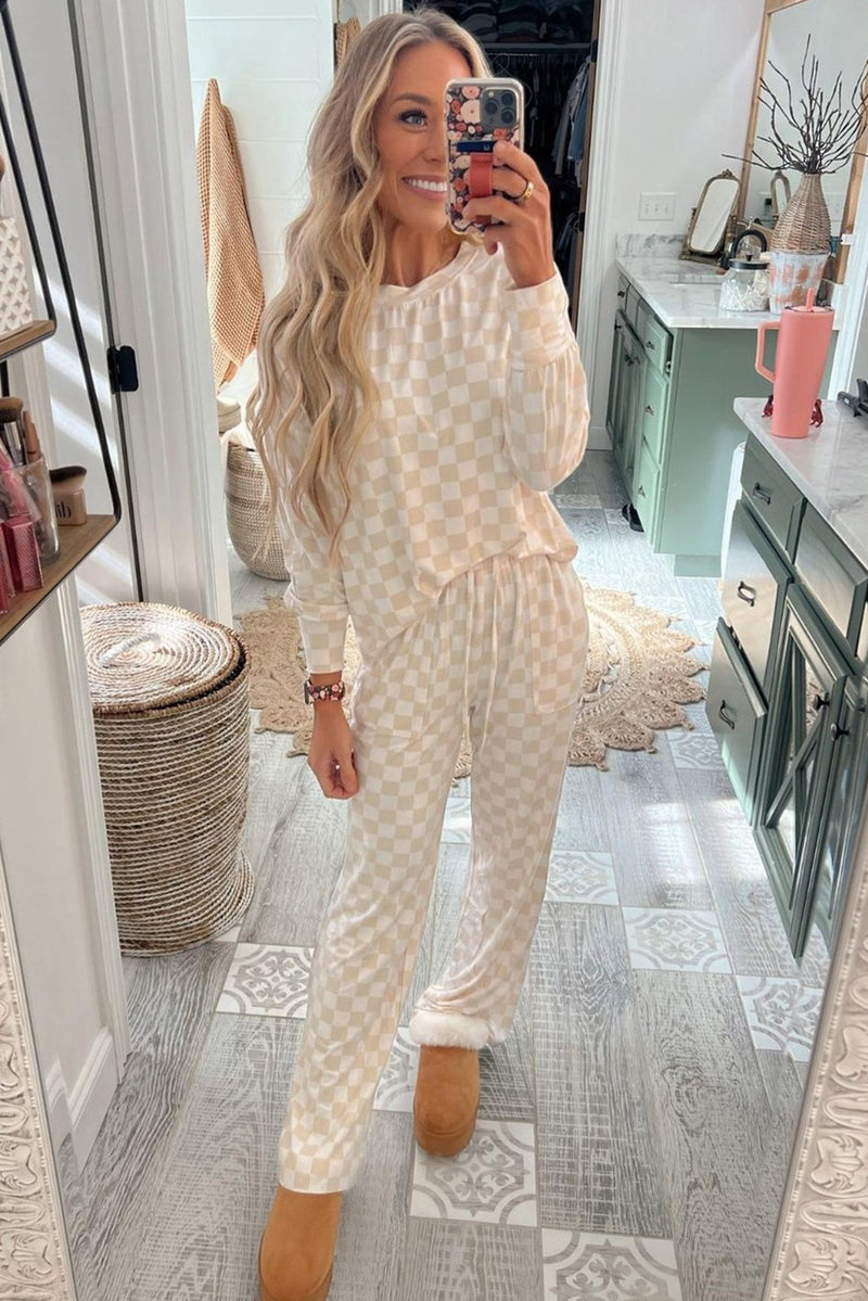 Beige Checkered Print Long Sleeve Loose Fit Pajama Set