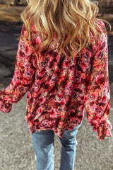 Rose Red Floral Print Drawstring Frill V Neck Blouse