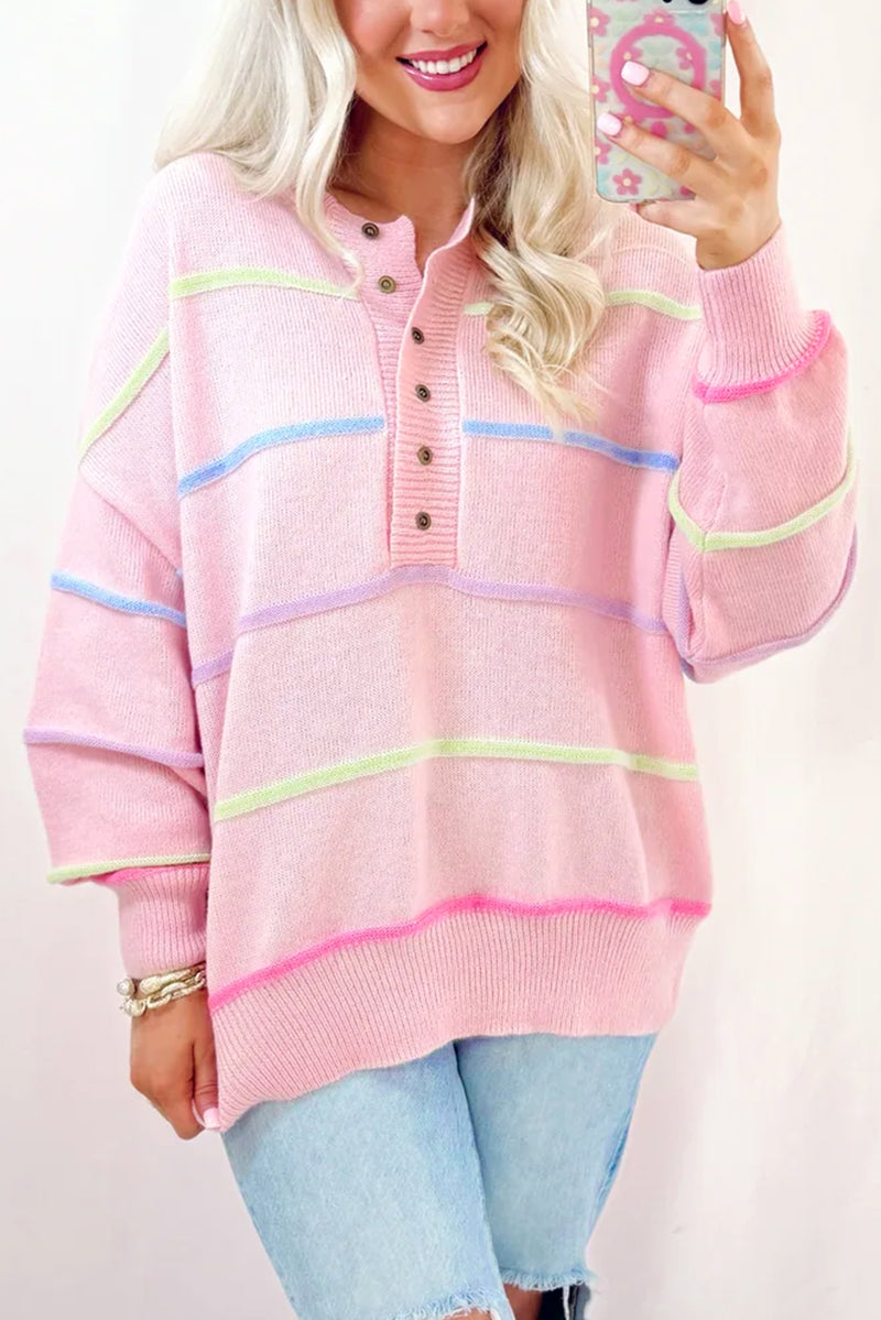 Pink Rainbow Striped Drop Sleeve Henley Sweater