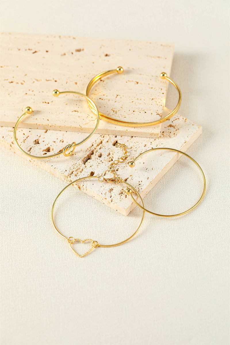 Gold Heart Geometric Knot Open Cuff Bracelet 4-piece Set