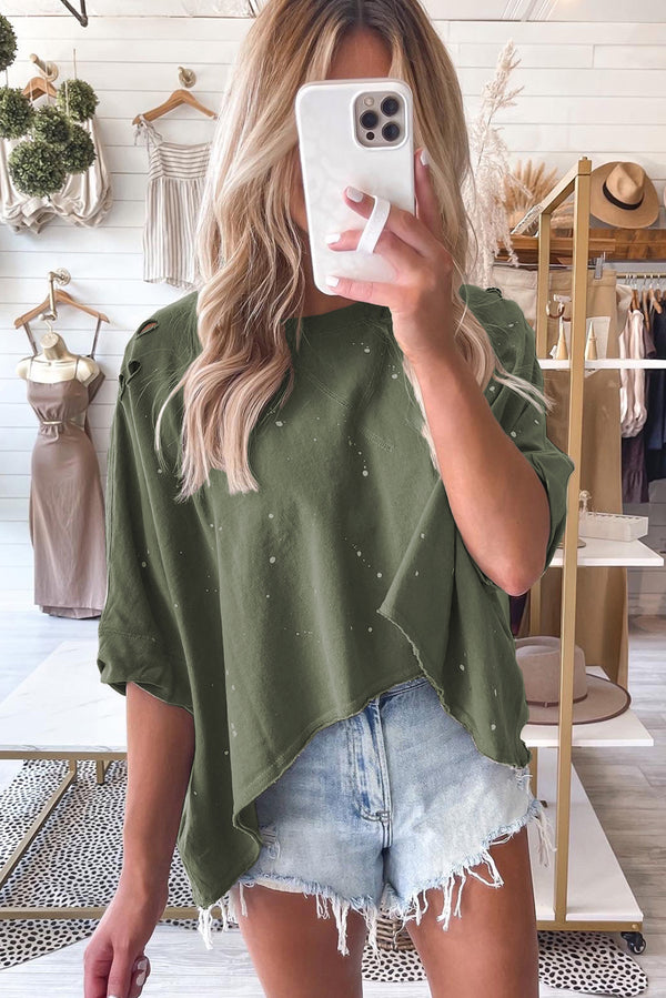 Green Half Sleeve Distressed Asymmetrical Top